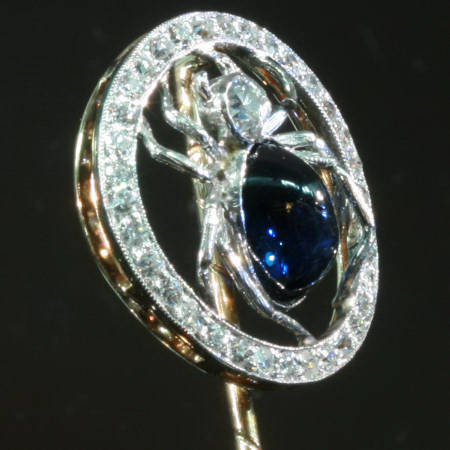 Sparkling spider in Art Deco tie pin with sugar loaf cabochon cut sapphire (image 2 of 6)